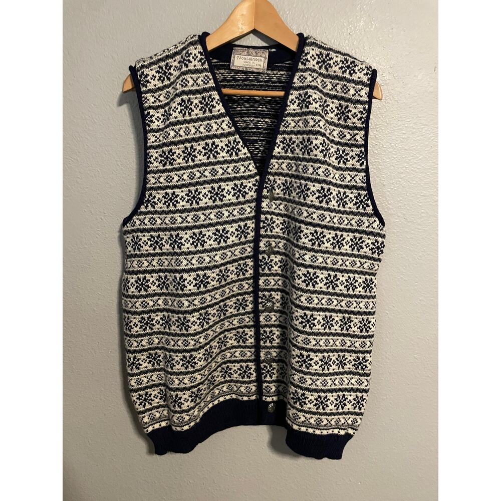 Norlender Sweater Vest Mens Medium Navy Blue Fair Isle Wool Button Front Norway